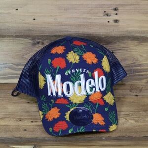 Men's Navy Modelo Beer A- Frame Floral Trucker Adjustable Hat